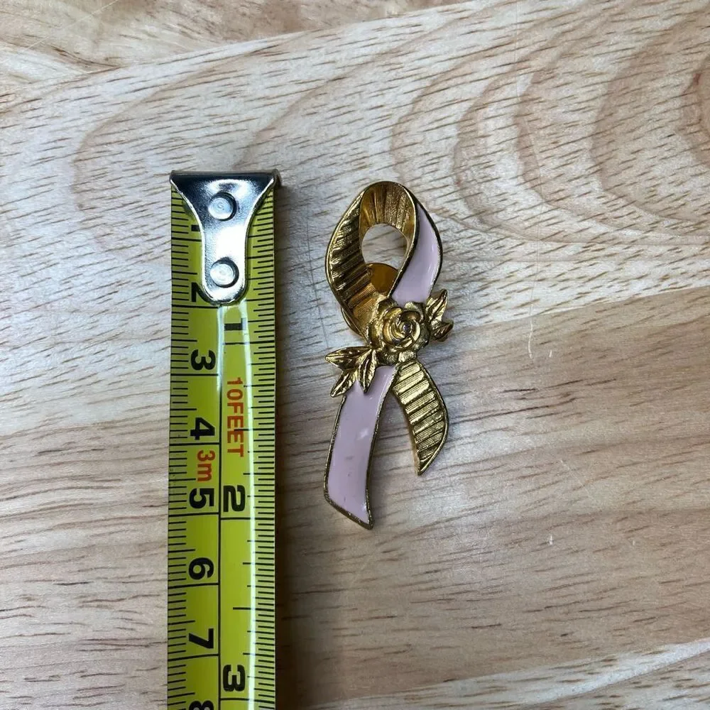 Avon, Vintage Breast Cancer Awareness Ribbon Pin, Pink & Gold Tone, Rose Accent